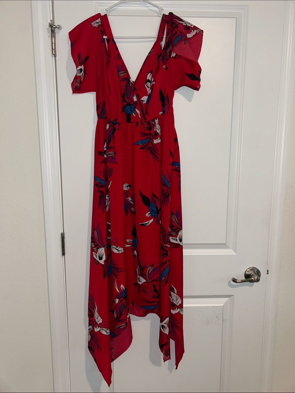 Red Floral V-Neck Handkerchief Hem Dress Sundress Summer Church